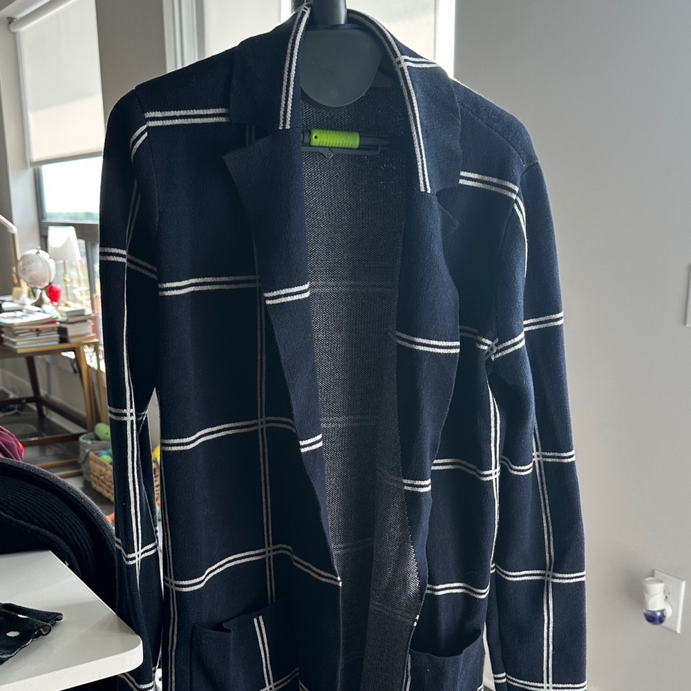 Navy Plaid Open Front Cardigan